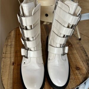 White Combat Moto Boots with Buckle Straps